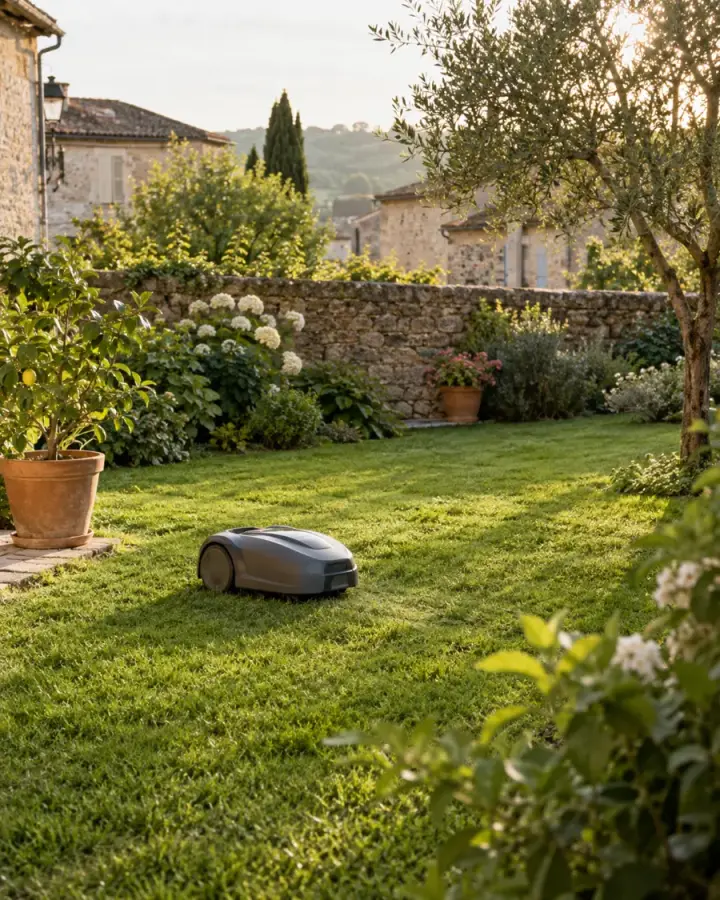 Petit jardin clos avec un robot tondeuse (illustration)